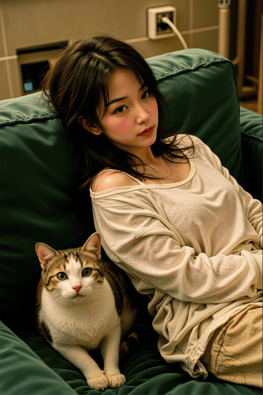 AI generated: A highly detailed, photorealistic, cinematic medium shot of a beautiful young East Asian woman relax...