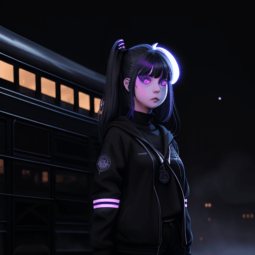AI generated: character standing next to the glossy black school bus, glowing lights, foggy, moonlight, close to c...