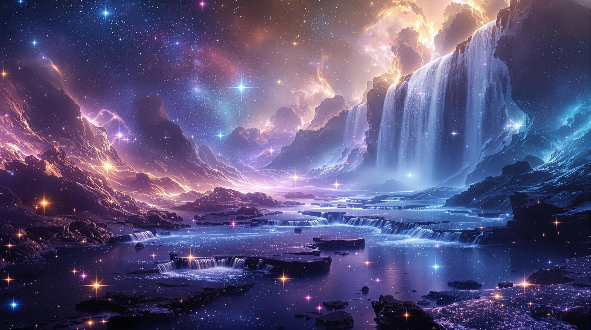 AI generated:   a waterfall landscape   in a close view, made with nebulas the gaz,stars and dust ressemble fallin...