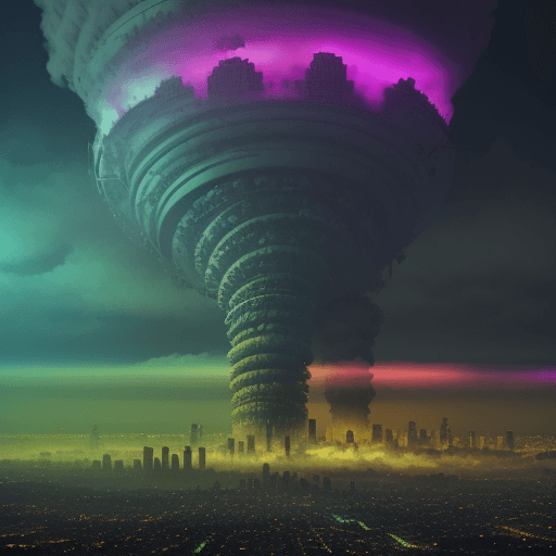 AI generated: city of pollution in the sky, with acid rain in the city