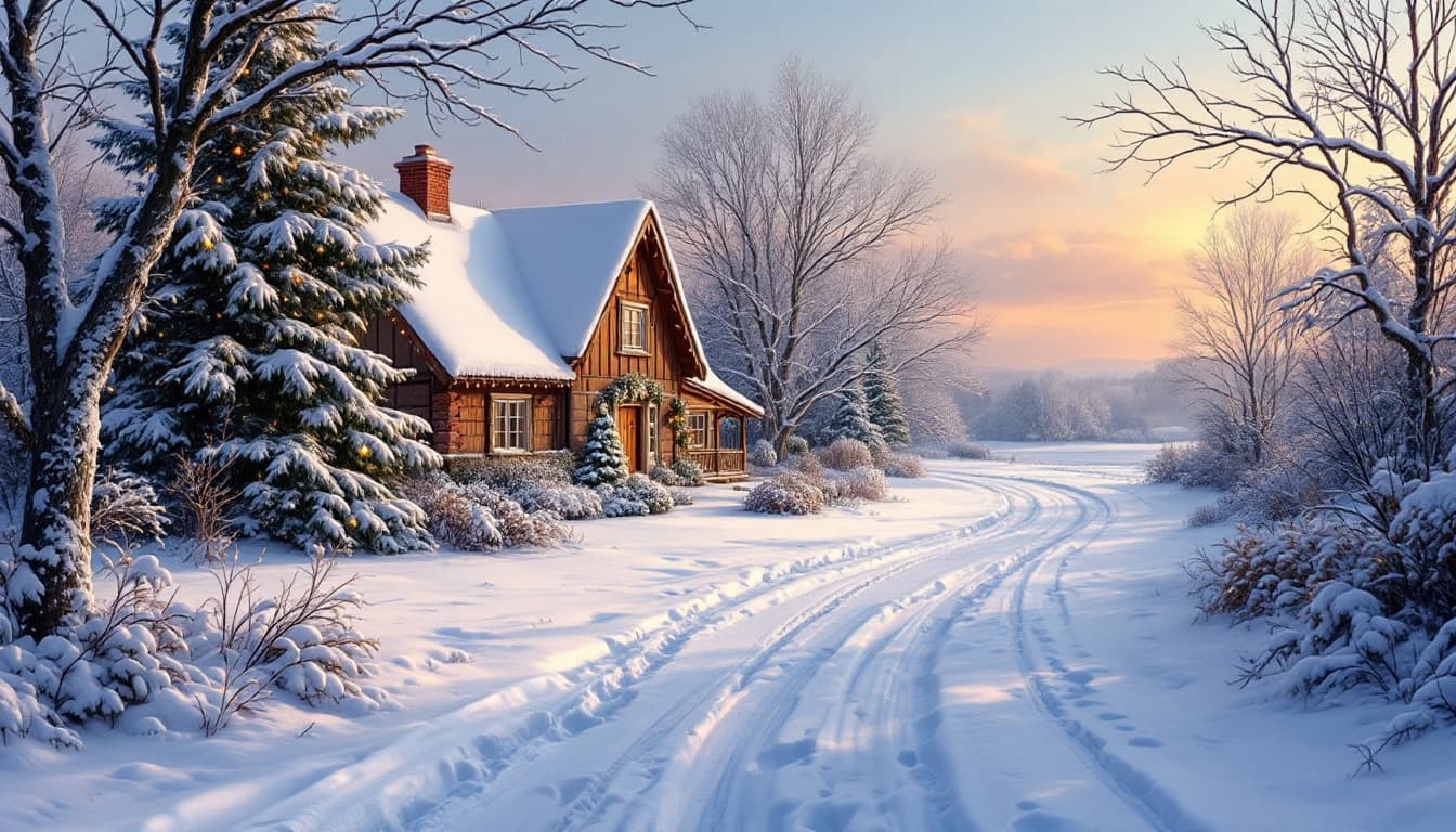 AI generated:  beautiful winter scenerie,joyful christmas and holiday,activity,snowy,  rural,late evening ,terry r...