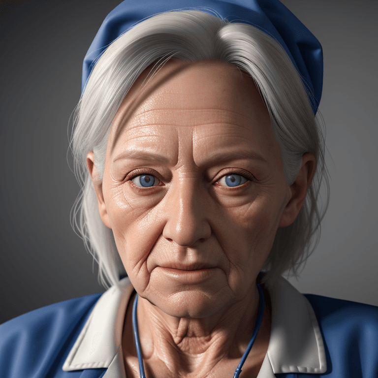 AI generated: hyper realistic headshot photo of a elderly nurse, looking into the camera, hyper realism, high deta...