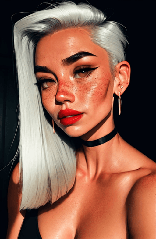 AI generated: sam yang, 1girl, backlighting, bare shoulders, black choker, blurry, blurry background, blush, breas...