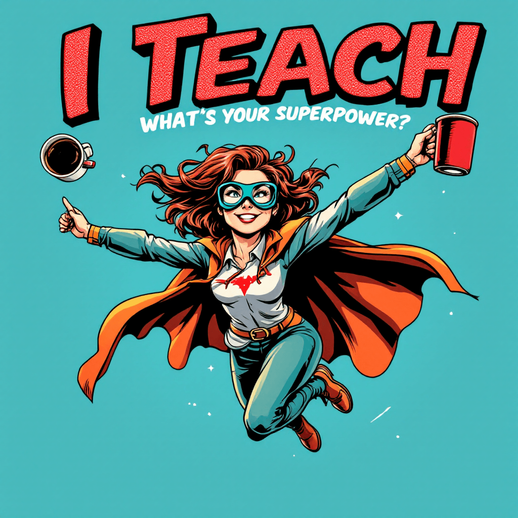 AI generated: A dynamic, comic-style superhero teacher flying with books in one hand and a coffee mug in the other...