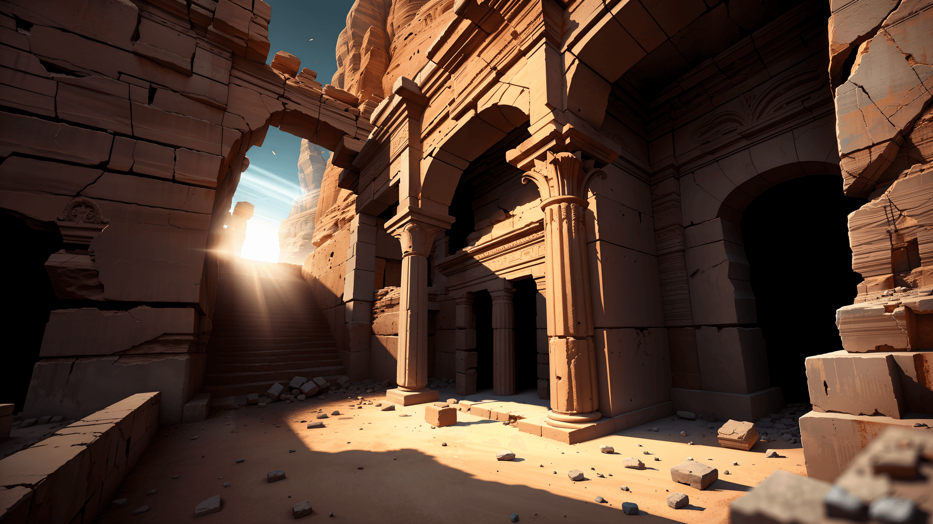 AI generated: (masterpiece Illustration, best quality:1.2) A (ruined Sumerian Temple:1.1), hidden in a canyon wall...