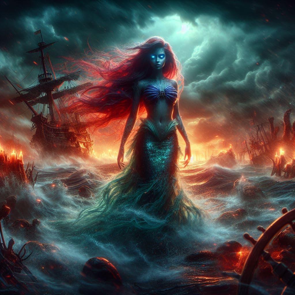 AI generated: heavy nightmare Version Arielle from the movie the little mermaid, photorealism, fantasy, dynamic li...