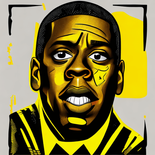 AI generated: illustration, vector cartoon-style, an NFT pfp of Jay-Z with prisoner's clothing, zoom in, expressiv...