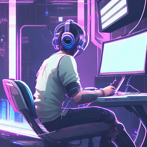 AI generated: a man sitting at a desk with a computer and headphones on, twitch streamer / gamer ludwig, cyber sty...