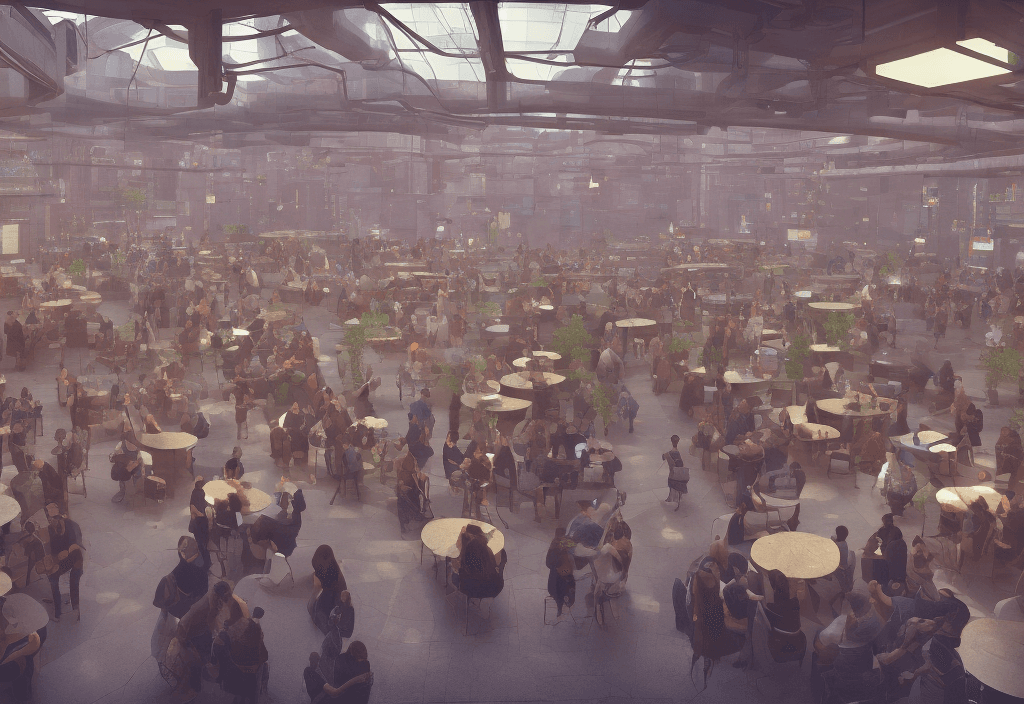 AI generated: Cyberpunk university cafeteria with a few people during day