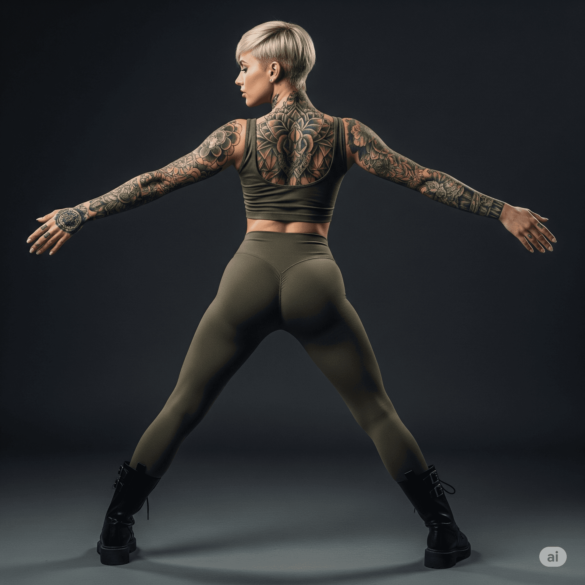 AI generated: Full body shot of a fit woman in her late teens or early twenties with short, pixie blonde hair. She...