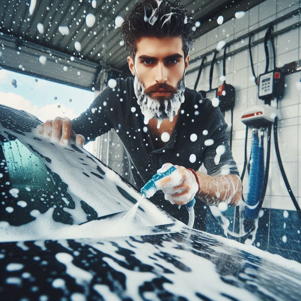 AI generated: At the carwash, a foam-and-water mess