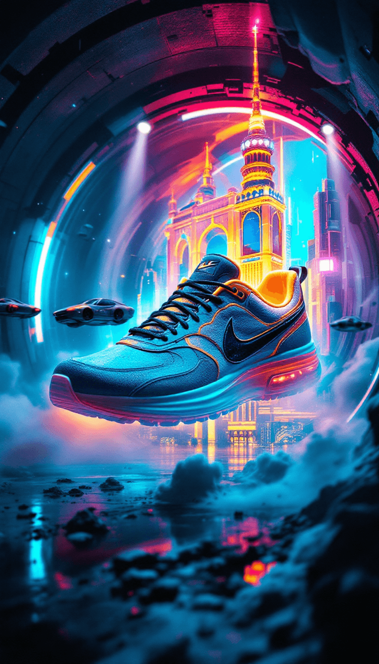 AI generated: Nike sneaker opening like a portal, futuristic cyberpunk city inside, neon lights, floating hovercar...