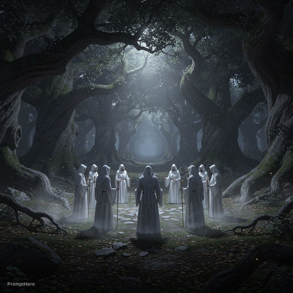 AI generated: Cinematic shot of a group of druids in white robes standing in a circle inside a dark, ancient oak g...