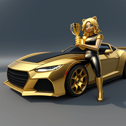 AI generated: Roblox avatar is holding a golden trophy while posing / sitting on top of the sports cars hood displ...
