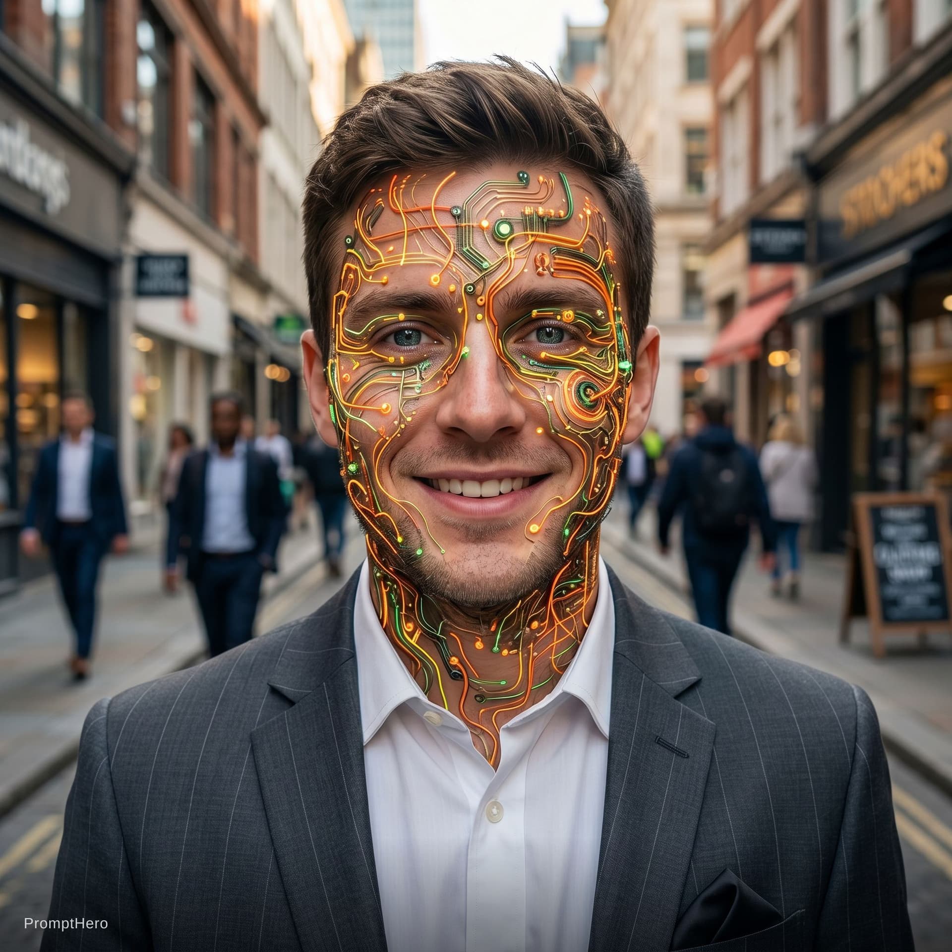 AI generated: 
A hyperrealistic white man walks toward us, facing the camera, along a city sidewalk. Close-up on t...
