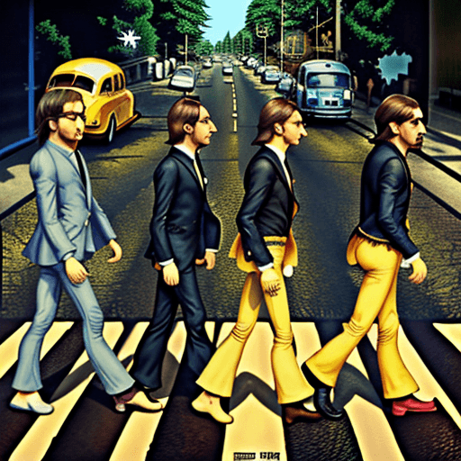 AI generated: Four Minions, Beatles impersonation, same hairstyles and outfits, walking right on Abbey Road zebra ...