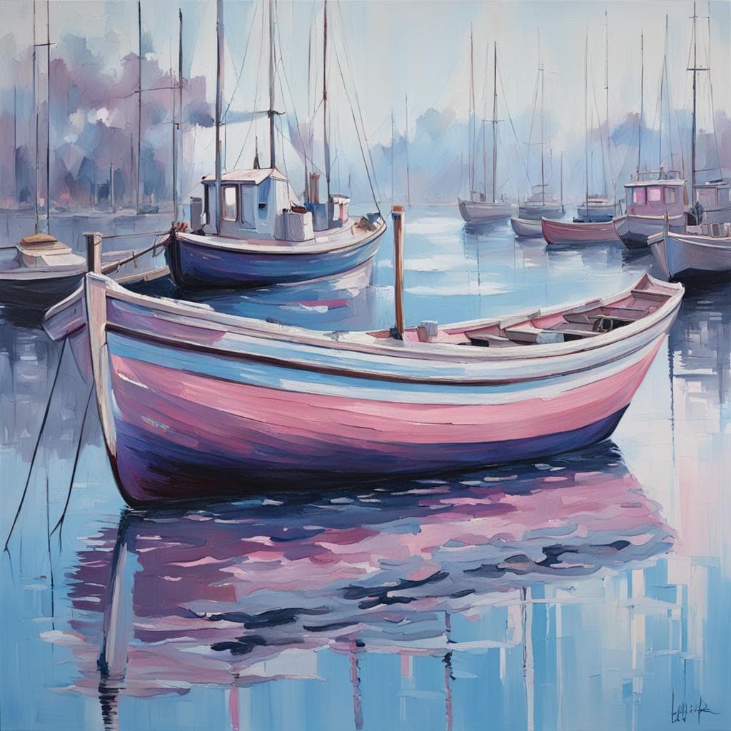 AI generated: a painting of a boat, in the style of comfortable aesthetics, light blue and pink, white light, blue...
