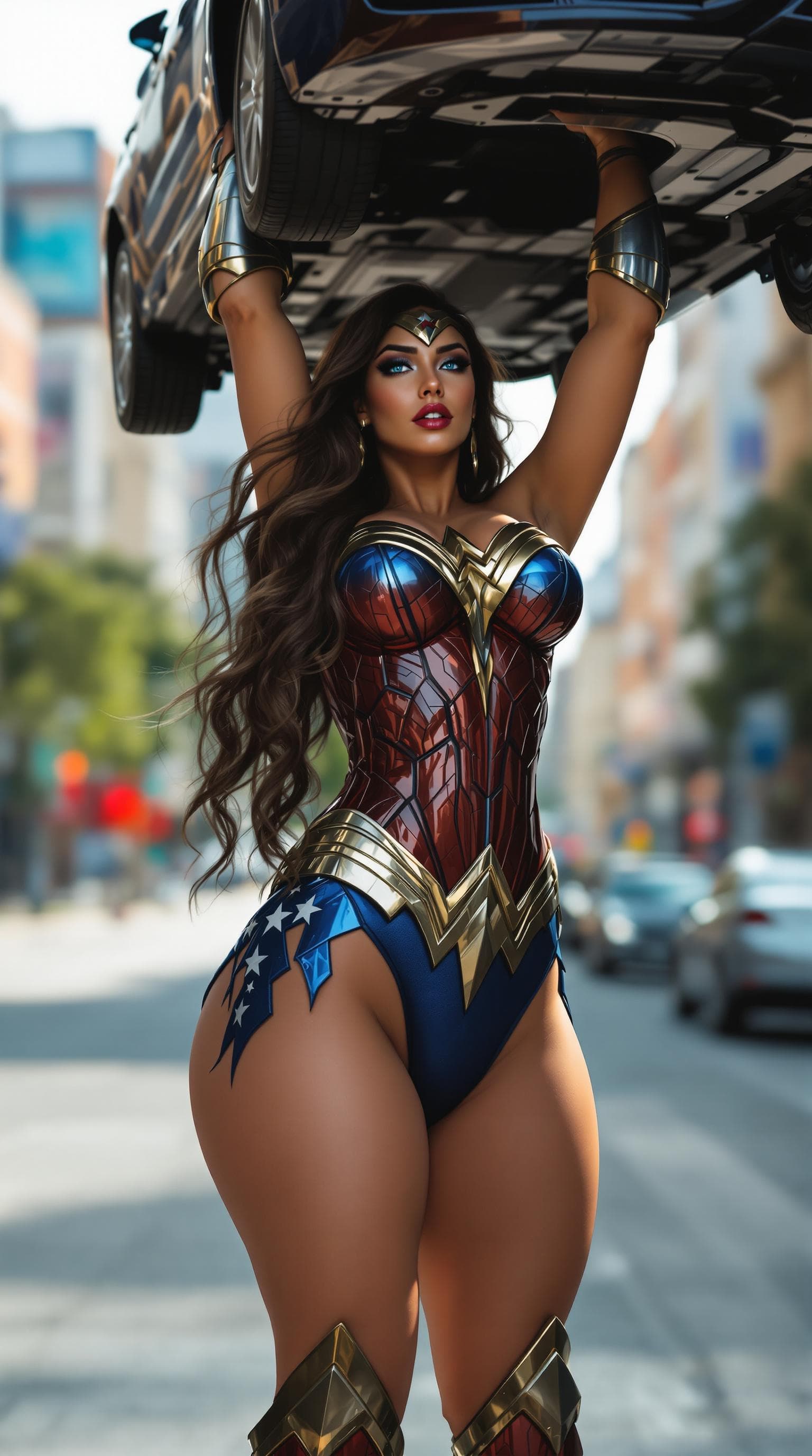 AI generated: full body side view, portrait of a photo-realistic beautiful curvy 38-year-old female with long wavy...