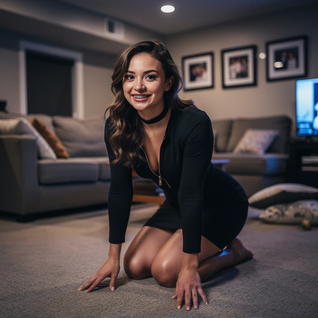AI generated: A younger beautiful girl straddles confidently on the carpet floor of her finished basement TV-area ...