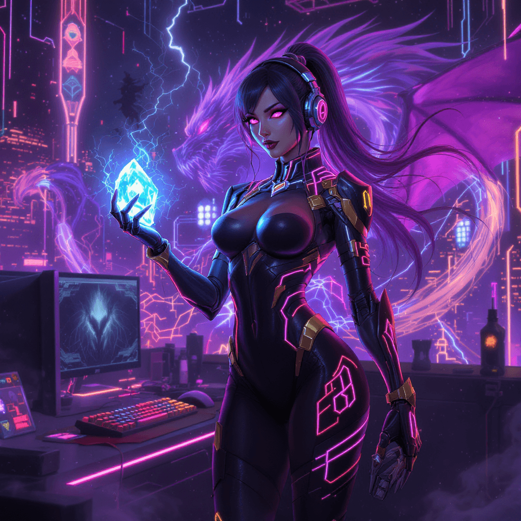 AI generated: A vibrant, cyberpunk-style digital art illustration of a confident woman in a sleek, black armored b...