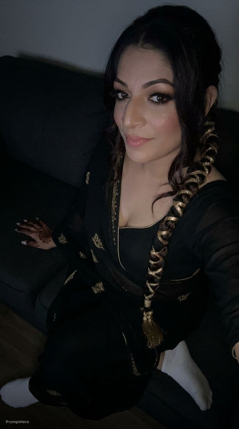 AI generated: looking at me. Sitting on a couch at night(no lights), wearing same (little cleavage) bodycon saree ...
