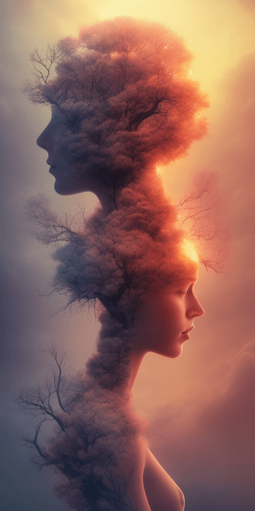 AI generated: Nature exploding out a humans head, trees, flowers, mountain, sunset, nature mind, expressive creati...