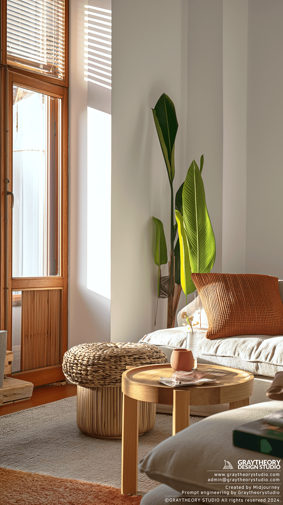 AI generated: contemporary small apartment living room with natural lighting, Fujifilm GFX 100S, comfortable and t...