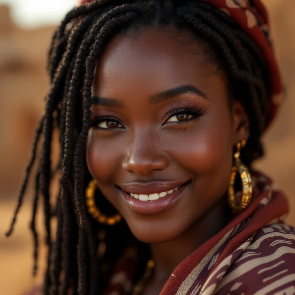 AI generated: High-resolution photography of a modern Fulani woman, smiling, light-skinned, voluptuous, charming, ...