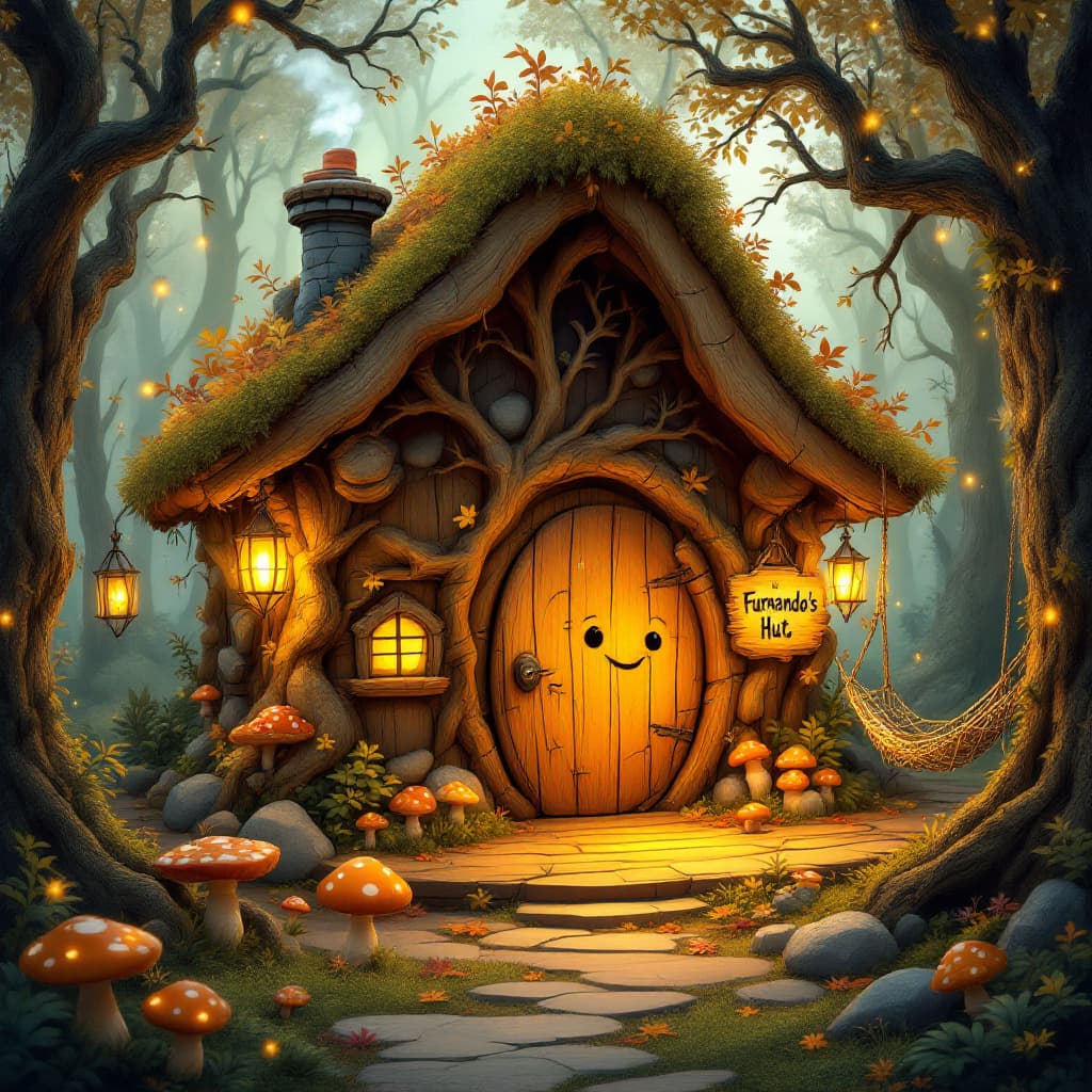 AI generated: A whimsical, cozy hut in a mystical forest, designed as the home of Furnando, a friendly, fluffy ora...