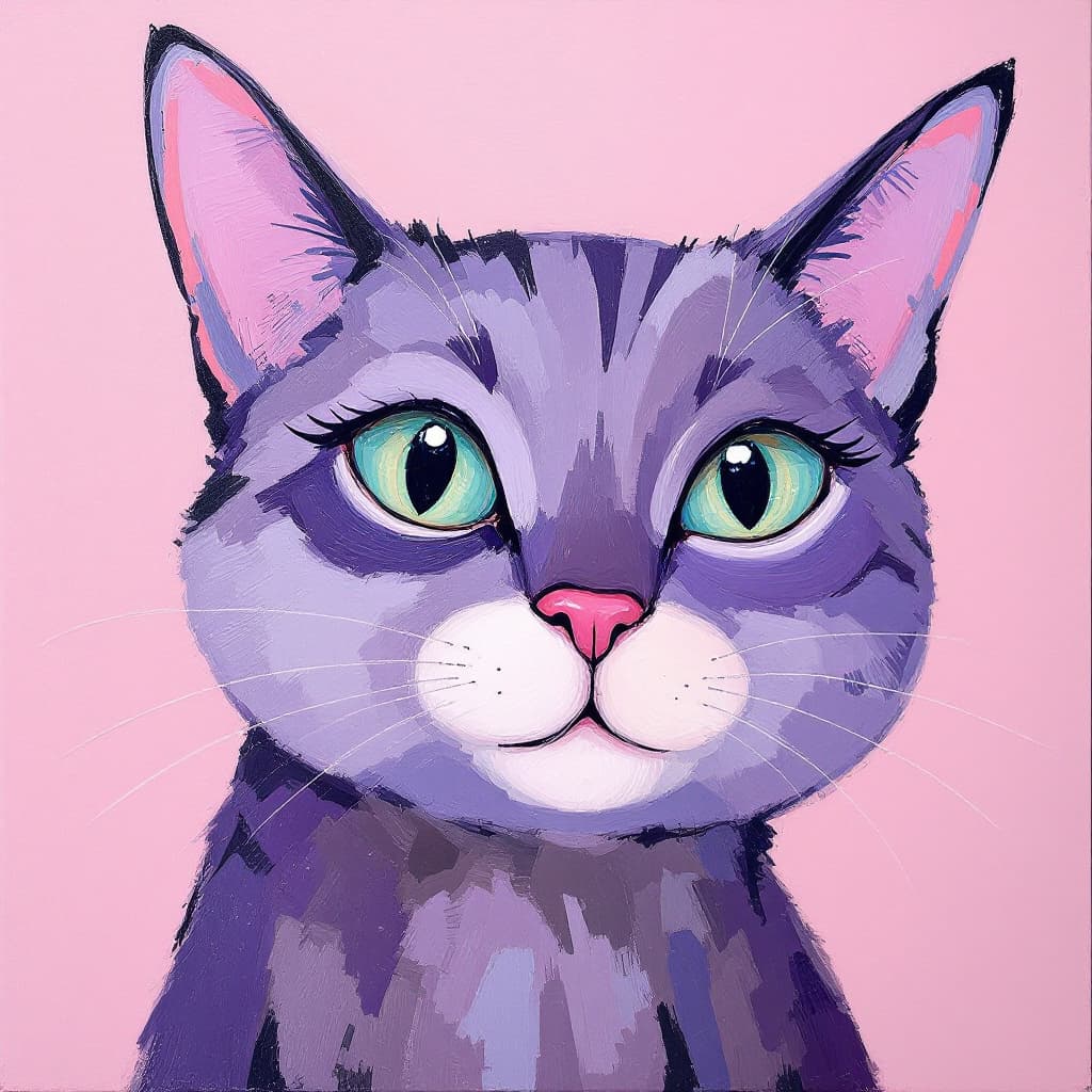 AI generated: artistic, oil painting art, purple color cat face, emerald green eye, simplify, expressive eyes and ...