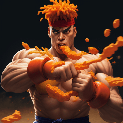 AI generated: street fighter, realistic, 4k, latin, eating cheetos