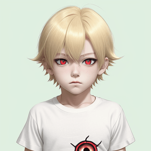 AI generated: boy, red eyes, blond, anime, gacha life, quality, white t-shirt, green background, bangs, child