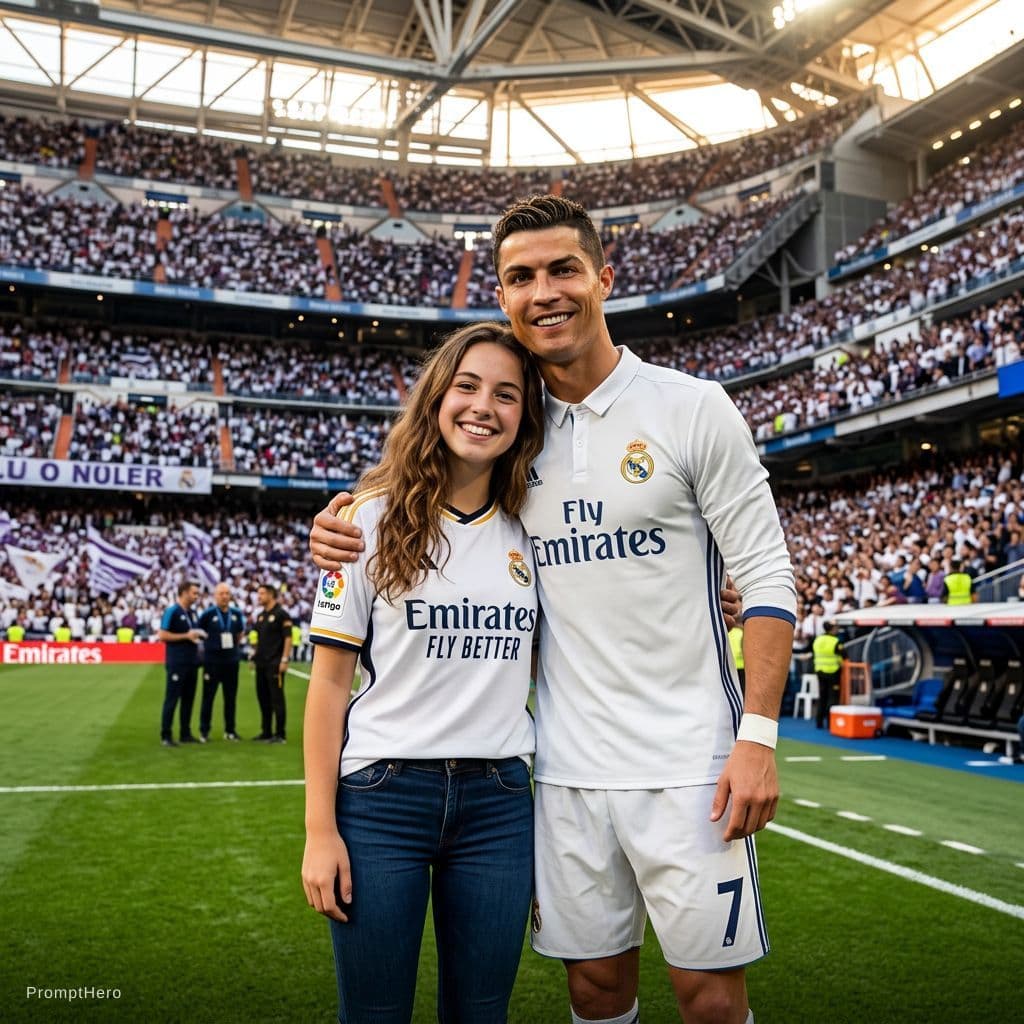 AI generated: Este chico y cristiano ronaldo en el bernabeu. Change that guy into a girl 
