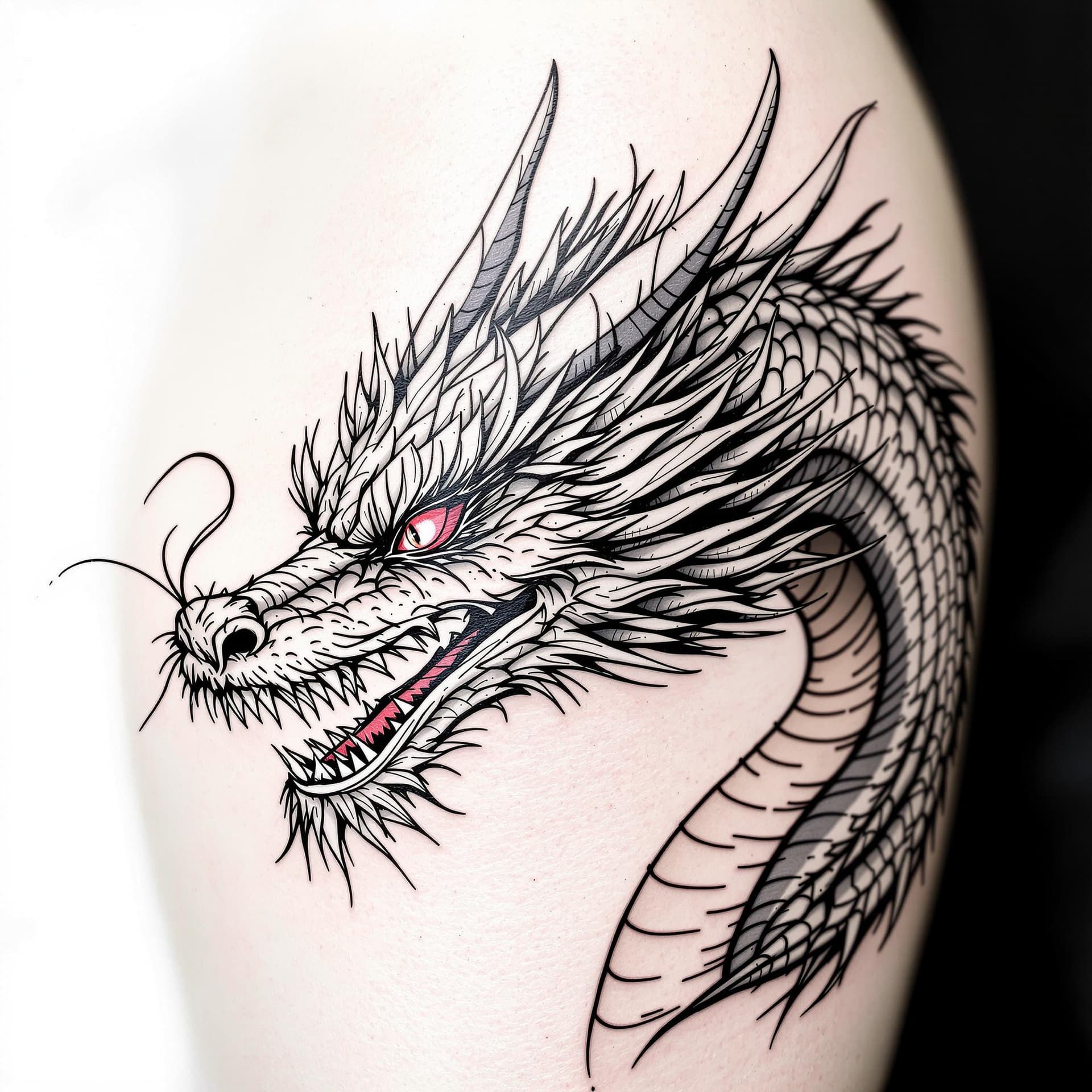 AI generated: a femle front body dragon tatoo on a white background
