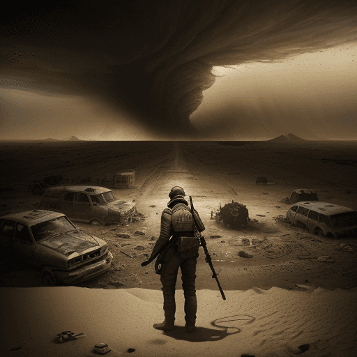 AI generated: In style of David Fincher, in the midst of a devastated post apocalyptic landscape, only figure is t...