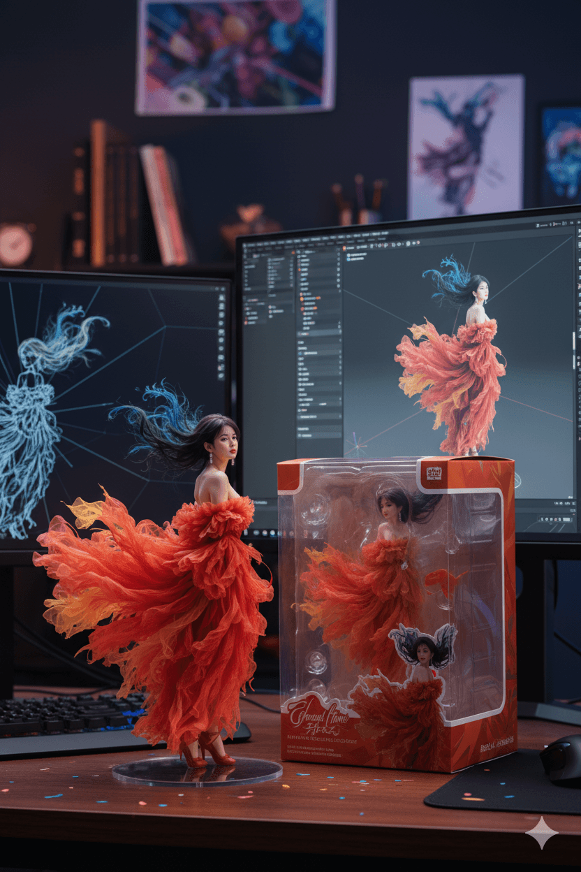 AI generated: Transforming the photographed person into a realistic 3D figurine in front of a computer desk. The c...
