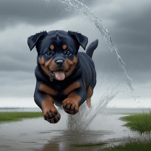 AI generated: Rottweiler puppy runs through a puddle, hyperrealistic splashes, water, green grass, photorealistic,...