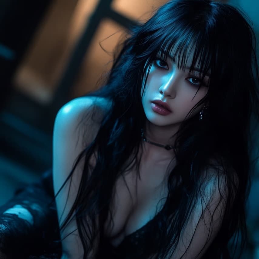 AI generated: a stunning female idol, cyberpunk aesthetic, black wavy hair, piercing eyes, dark makeup, neon blue ...