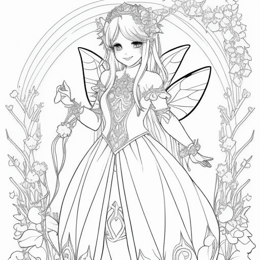 AI generated: Fairy coloring page, a snow fairy, with beautiful eyes, sweet smile, walking in the garden, black li...