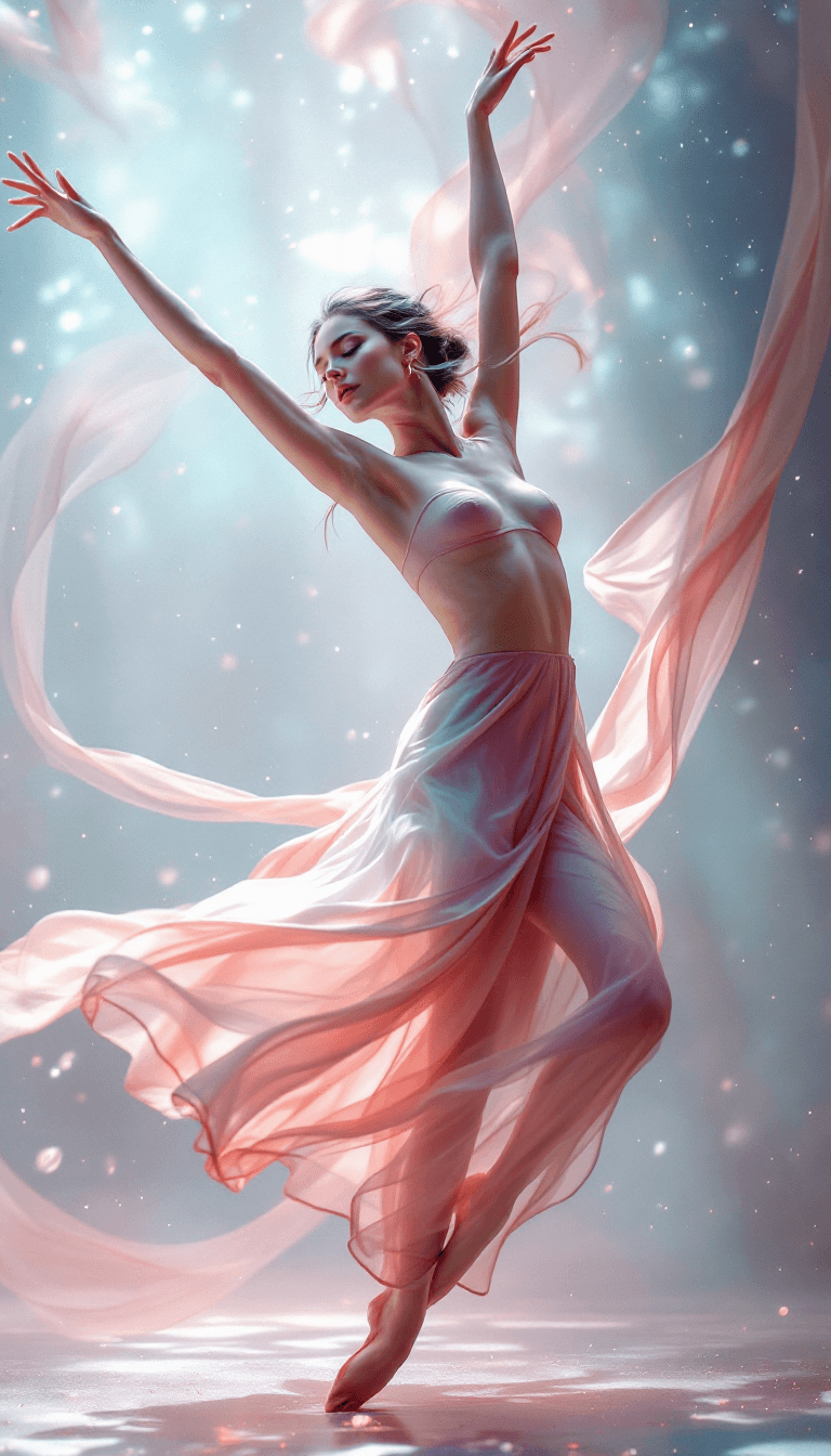 AI generated: A **surreal, dreamlike portrait** capturing the **ethereal beauty of a dancer midair**, frozen in a ...