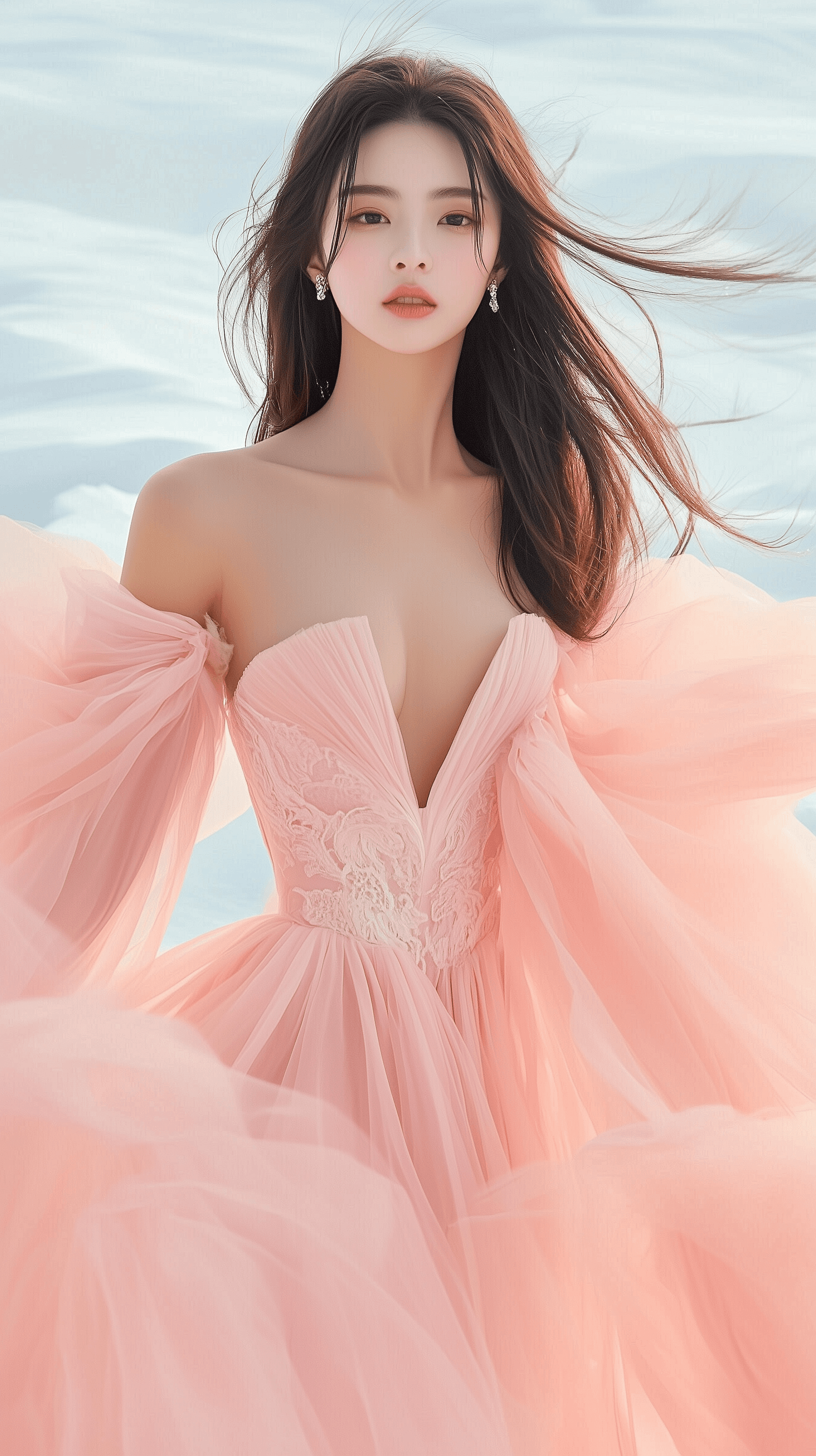 AI generated: A beautiful girl with long hair, wearing an off-the-shoulder pink wedding dress, walking on the snow...