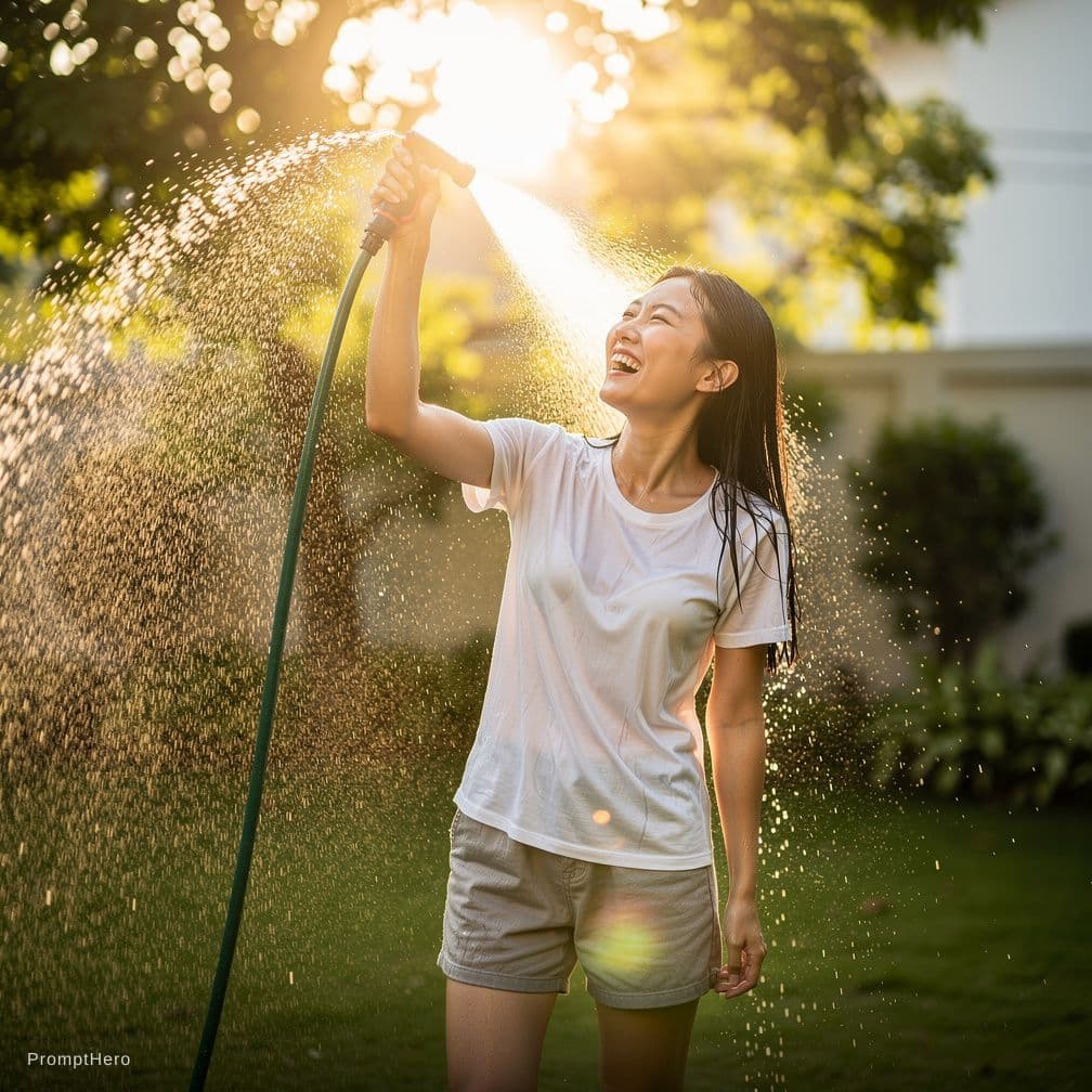 AI generated: A vertical ultra-realistic masterpiece photograph of a joyful East Asian woman with long wet black h...