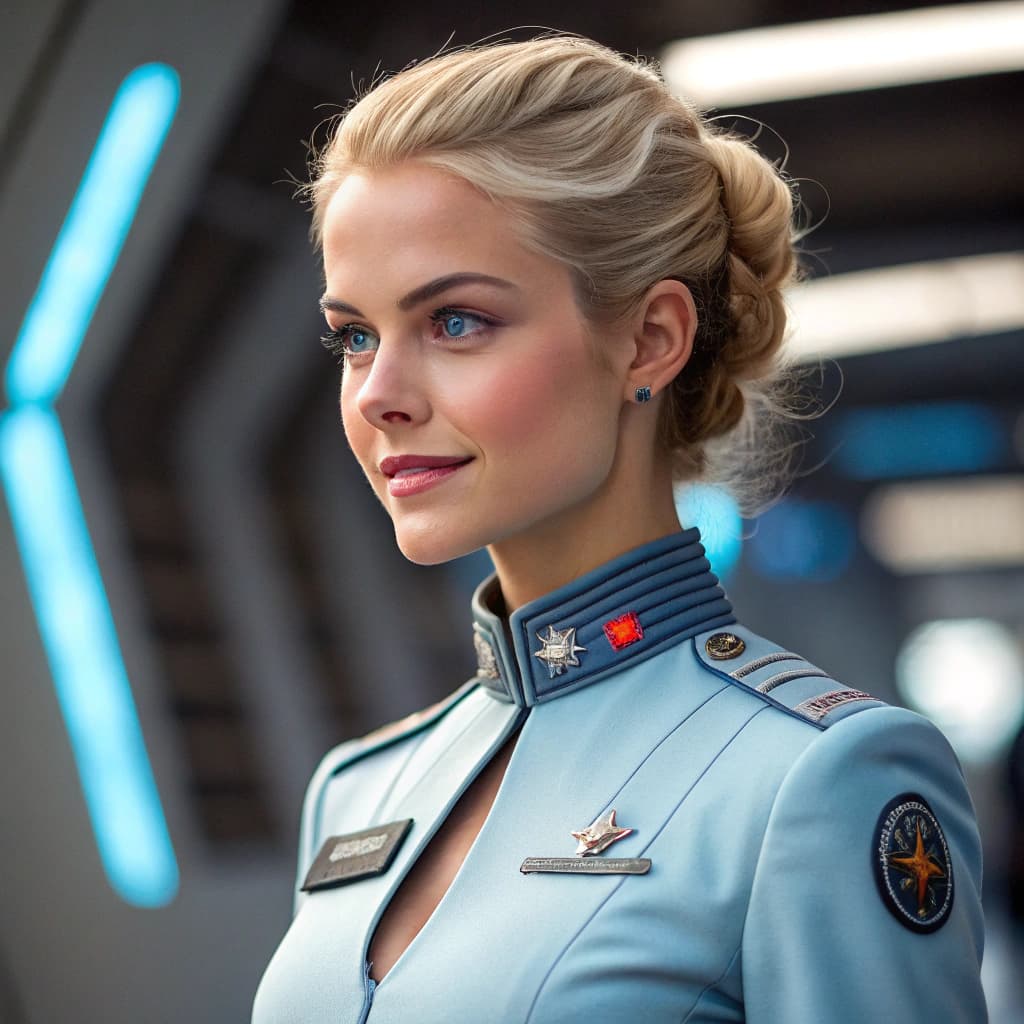 AI generated: Hyper-realistic full-body shot photo of a 20yo female space ship captain. beautiful blue eyes, prett...