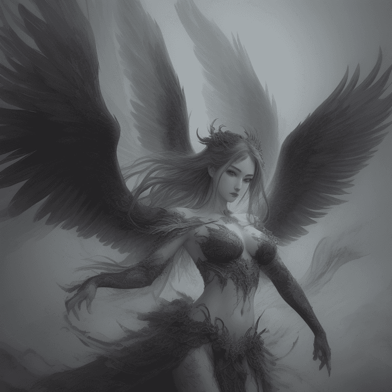 AI generated: looking at the camera, sumi-e, traditional Chinese ink art, wings of a beautiful Latvian god on the ...