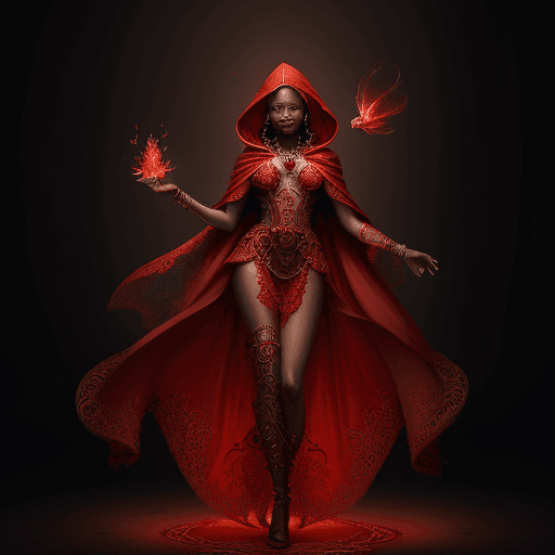 AI generated: fire wizard, fire bobflies, floating, red lace cloak, African American, red details, delicate featur...