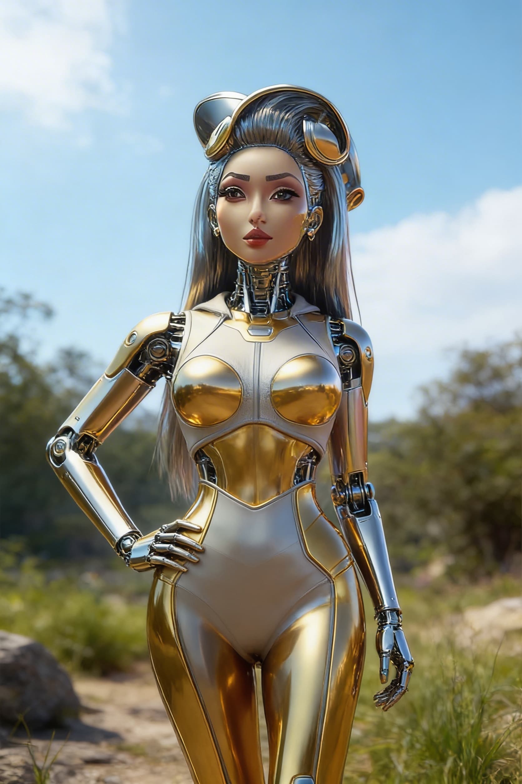 AI generated: Be inspired and create from reference. a golden-silver being, powerful, loving. From flesh to sleek ...
