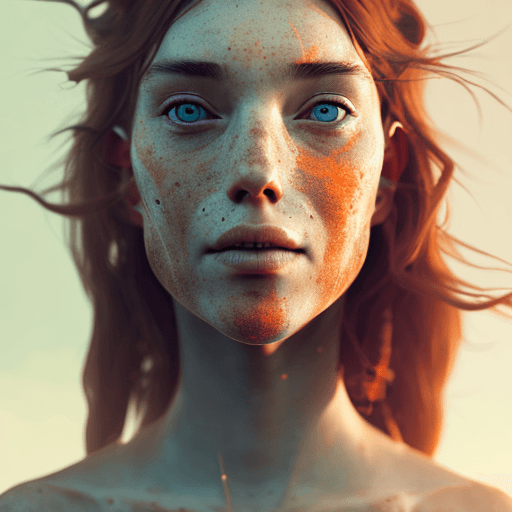 AI generated: a woman with freckles looks out into the world, in the style of vray, white and orange, warmcore, ph...