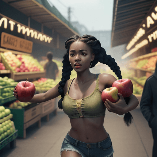 AI generated: Black girl with braids holding apples runs from people chasing her through the market, hyper-realism...