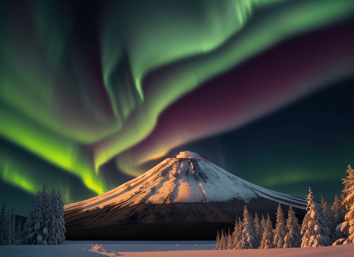 AI generated: Hyper realistic photo of volcano erupting, in snowy northern landscape, aurora borealis, wide image,...