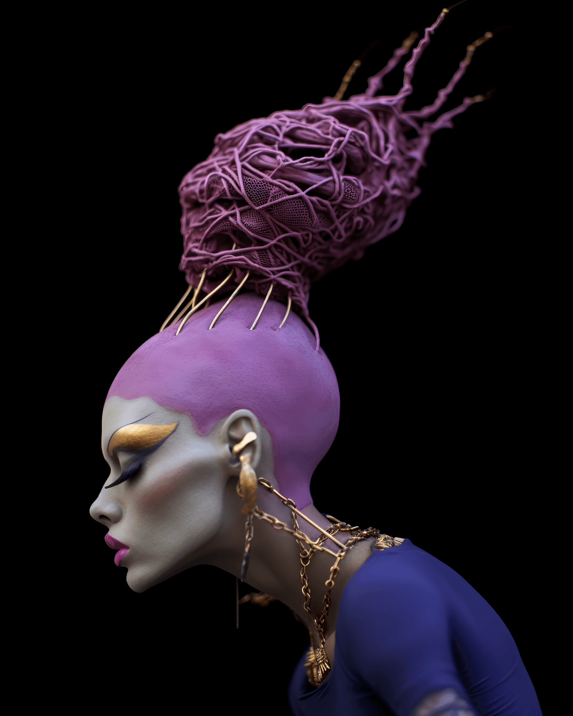 AI generated: a woman with a tattooed head, in the style of dark magenta and gold, conceptual installation art, na...